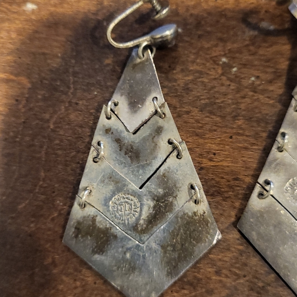 Vintage Mexico Sterling Silver & Abalone Shell Dangle Screwback Earrings - Picture 4 of 6